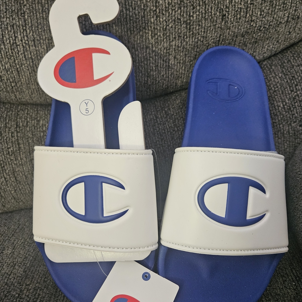 Champion White and Blue Slide Sandals with Logo